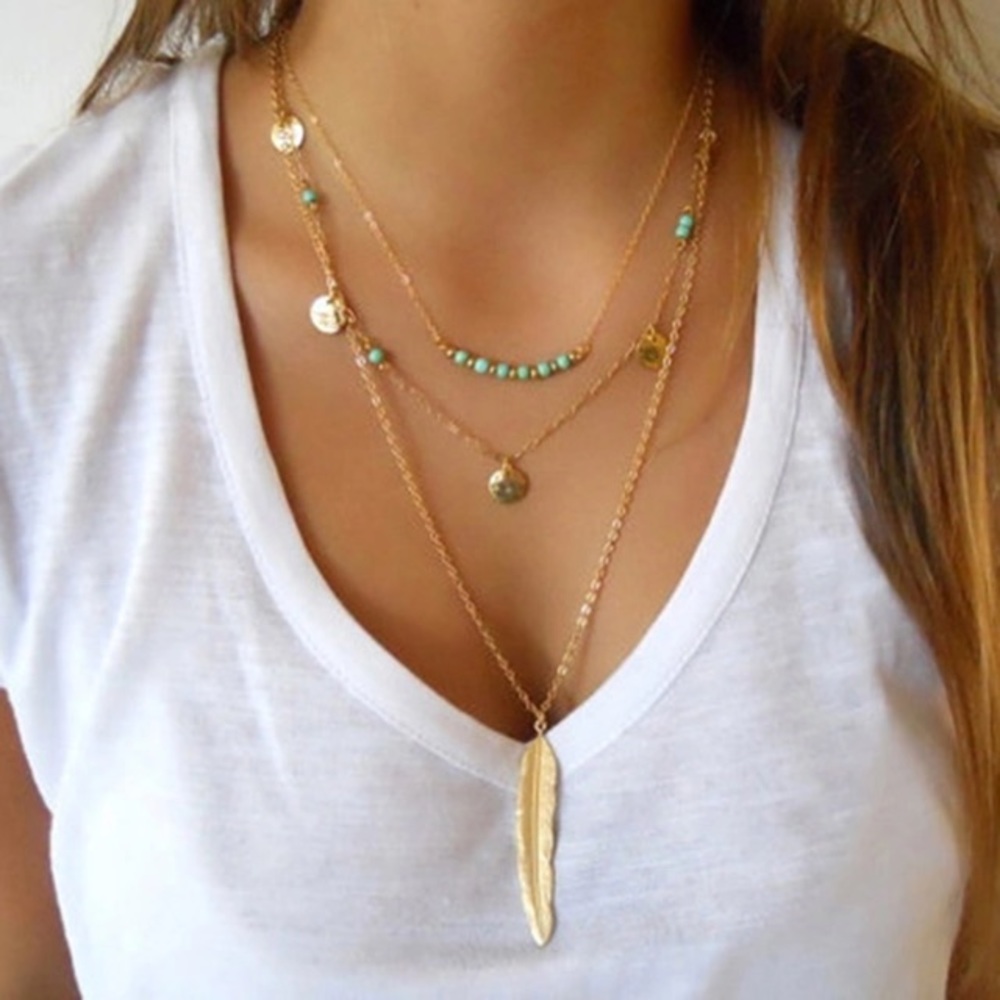 Multi Layered Beaded Feather Necklace